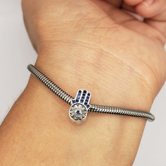 Hamsa Bracelet Charm Sterling Silver 925 Hamsa Hand All Seeing Eye Jewelry Gift - Picture 2 of 6